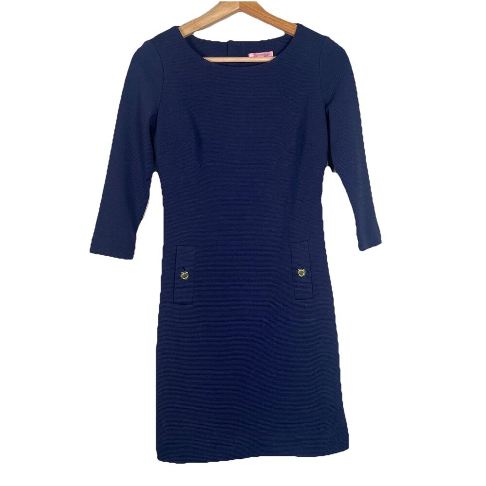 Lilly Pulitzer Charlena Navy Blue Shift Dress Size XXS Gold Button Ribbed Resort